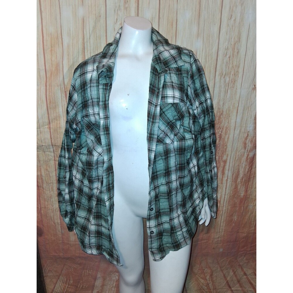CJ Banks Multicolor Plaid Long Roll Tab Sleeve Button Up Blouse Sz 1X